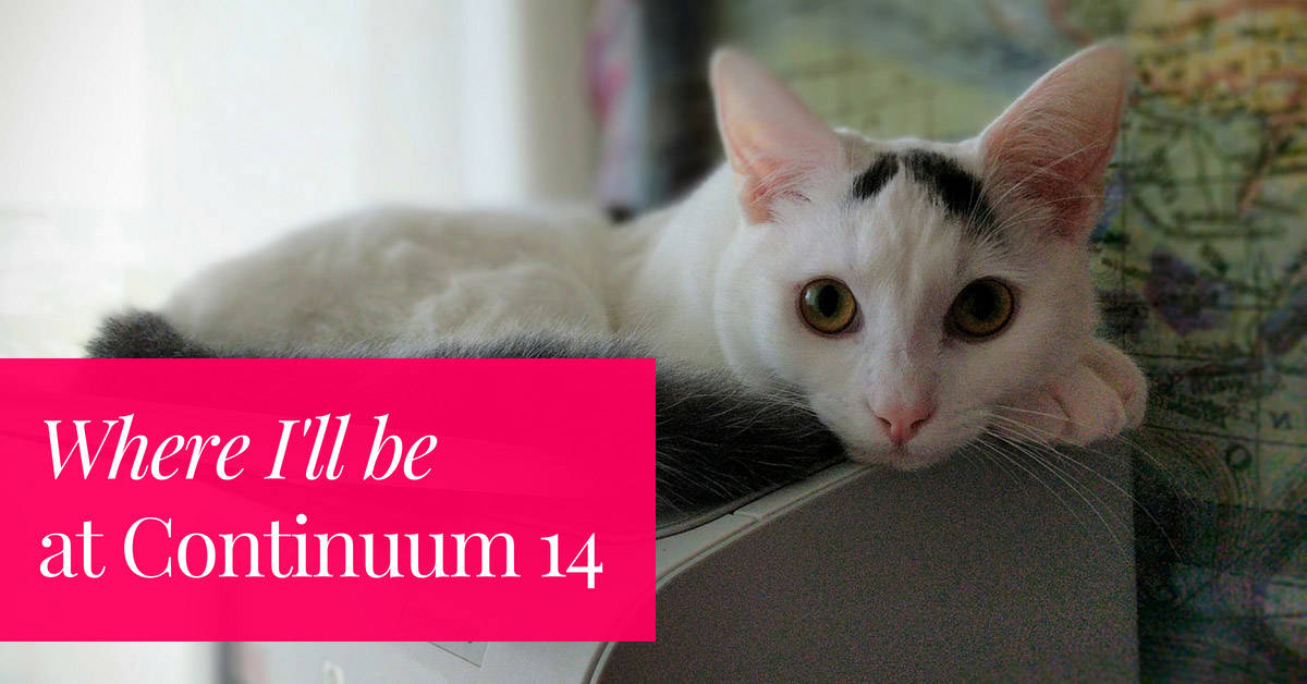 Cat sitting on printer with the text box saying Where I'll be at Continuum 14
