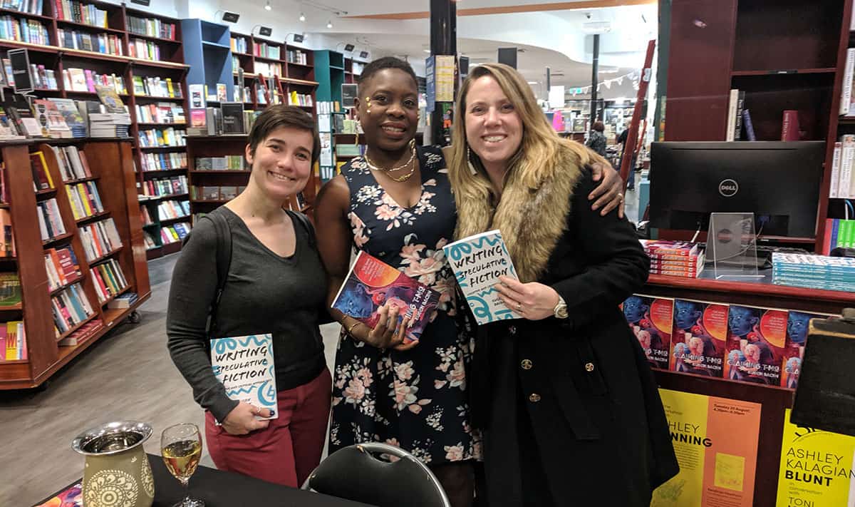 Silvia Brown, Eugen Bacon and Kat Clay at the book launch of Claiming T-Mo
