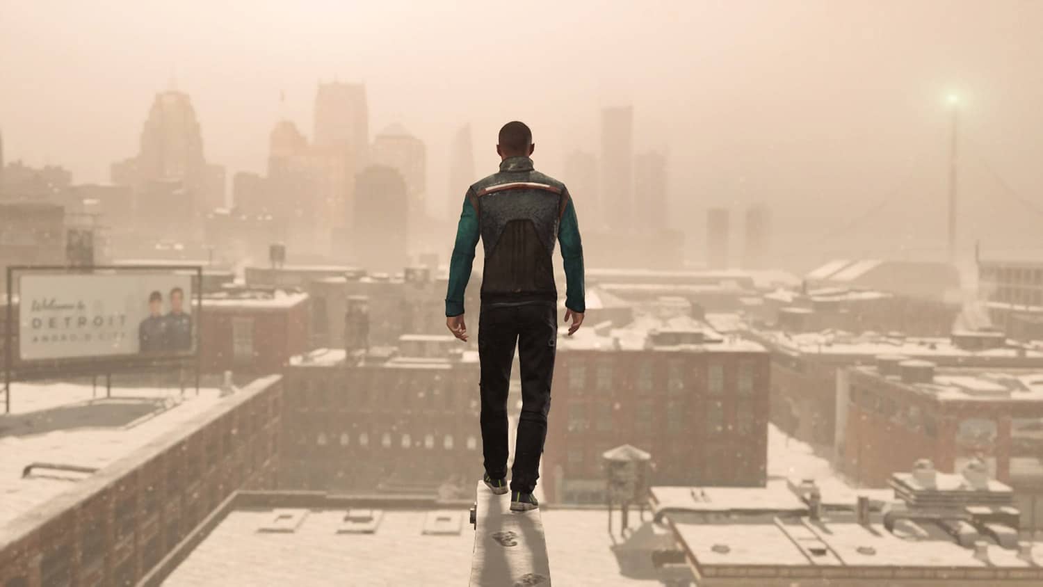 Markus standing on a ledge overlooking the city in Detroit: Become Human