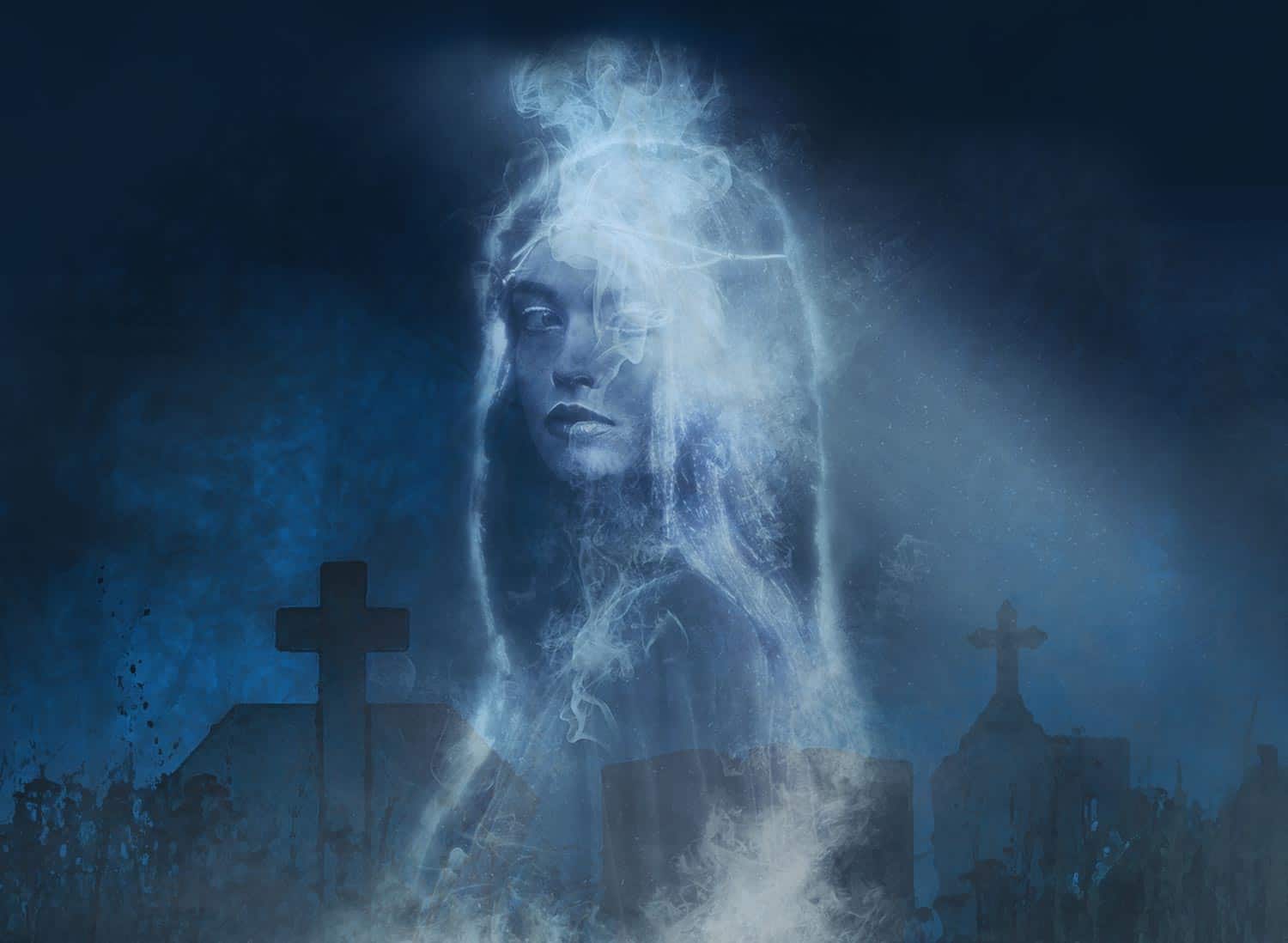 The Hammersmith Haunting Call of Cthulhu book cover with a picture of a ghostly woman in front of a cemetery