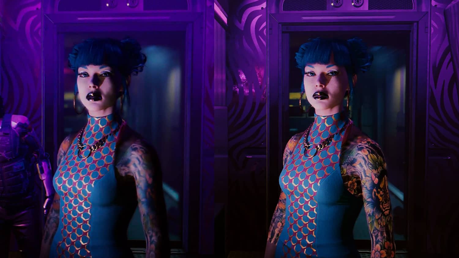 Still comparing Cyberpunk 2077 footage from the 2020 PS5 release to the 2022 next gen upgrade. It shows a woman with blue hair and a patterned dress standing at a counter and the quality is much better in the second picture.