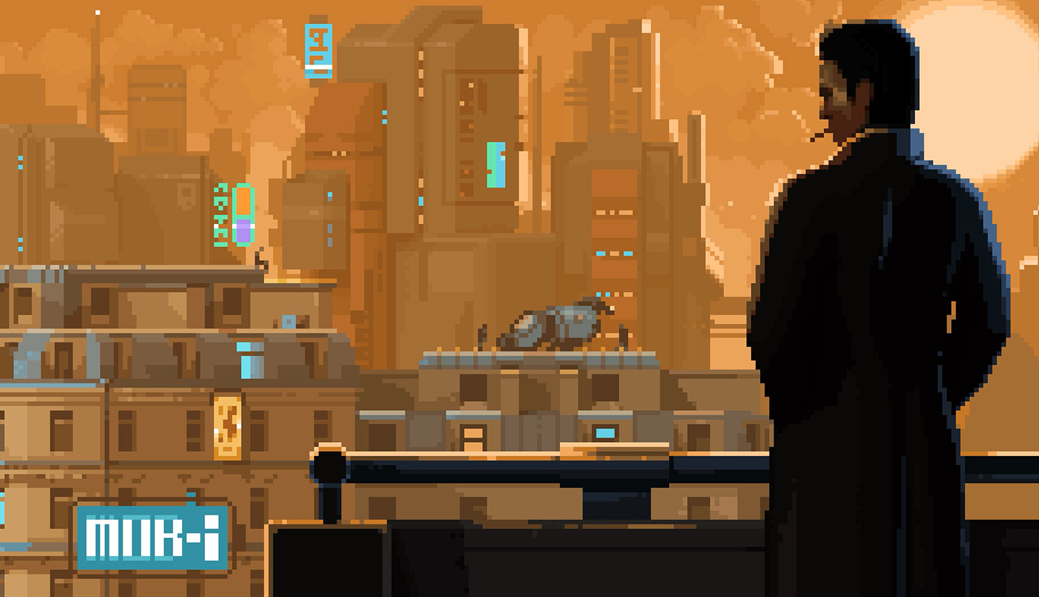Pixel art futuristic noir world from the video game of Lacuna with a man silhouetted looking out over the city