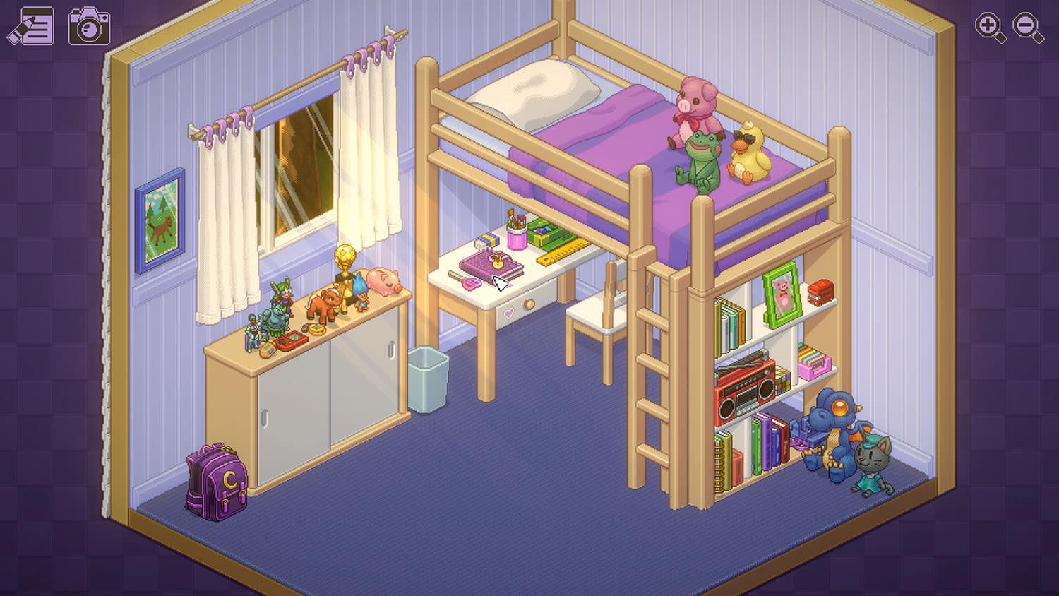 Childs room in the game unpacking with a bunk bed and light streaming through the window