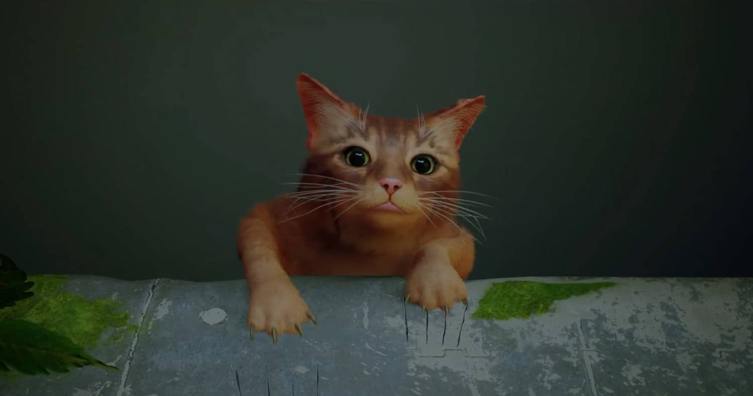 Still from Stray game of orange cat slipping from a ledge