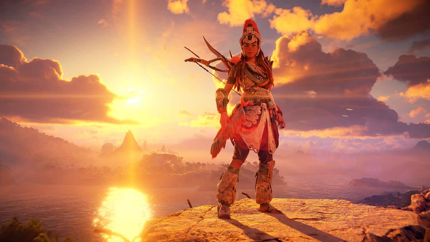 Aloy standing up against a beautiful sunset. Still from Horizon Forbidden West: Burning Shores DLC